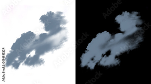 Cinematic storm cloud cutout on white and black backgrounds, realistic dark grey cumulus cloud for photo compositing, dramatic weather element