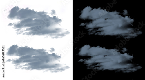 Dramatic storm clouds isolated on white and black backgrounds, moody grey cumulus cloud formations, atmospheric weather design elements for compositing