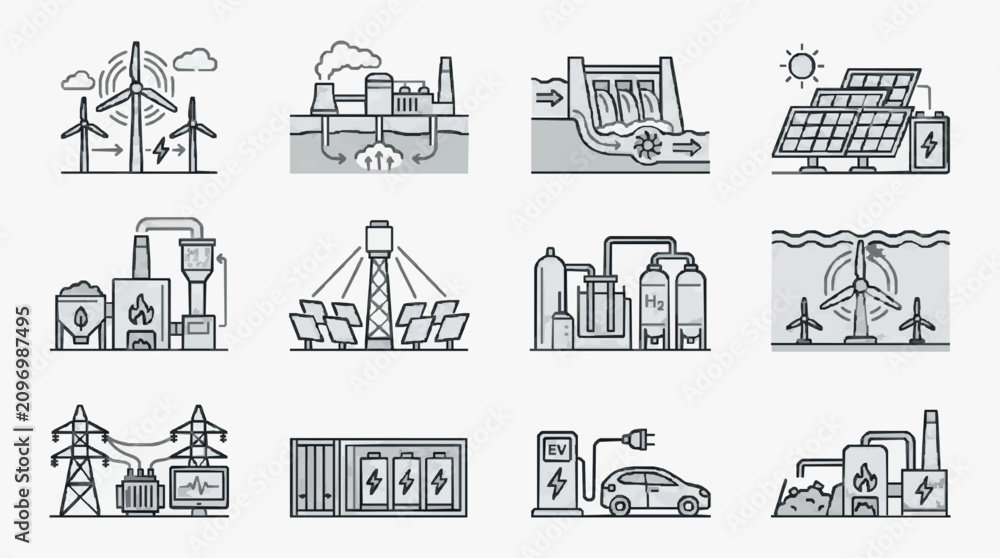 Obraz premium Dynamic Illustrated Guide to Various Renewable Energy Sources and Power Systems in Monochromatic Sketch Style