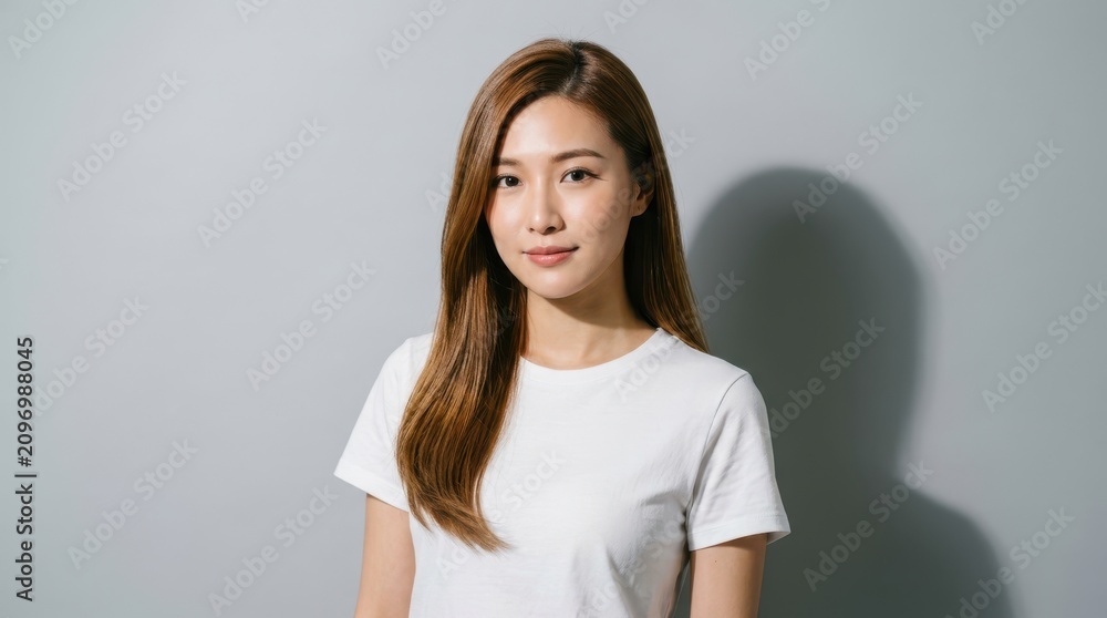 Fototapeta premium Portrait of a young asian woman with long brown hair in a white tshirt