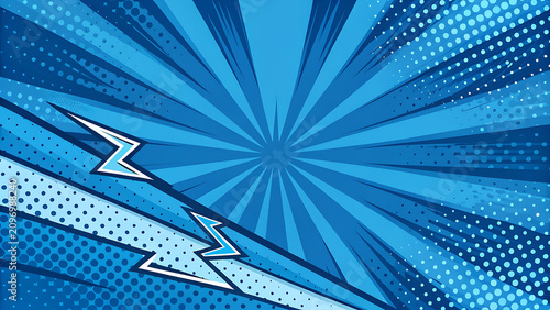Comic book style blue background with rays and lightning, pop art