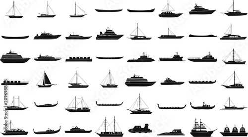 Cuadro en lienzo Boat and Ship Silhouette Icon Set with Yacht Canoe Cargo and Sailing Vessel Vect