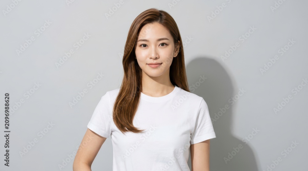 Fototapeta premium Portrait of a young asian woman with long brown hair in a white tshirt