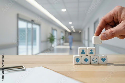 Hand stacking wooden blocks with health care icons representing insurance service