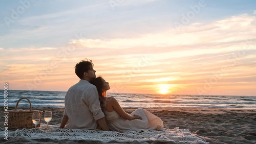 Couple sitting on beach blanket at sunset with wine glasses and picnic basket romantic getaway concept