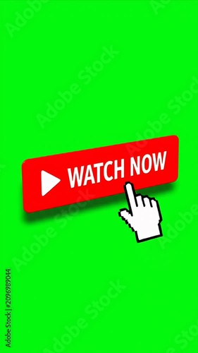 Red watch now button over green screen background.