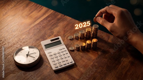 Hand stacking coins next to calculator and clock with glowing 2025 text financial planning concept