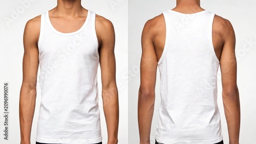 Man wearing plain white tank top front and back view for apparel design and mockup use