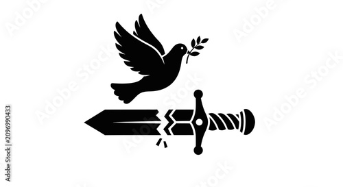 Fotografía A symbolic illustration of a dove carrying an olive branch above a broken sword representing peace over war
