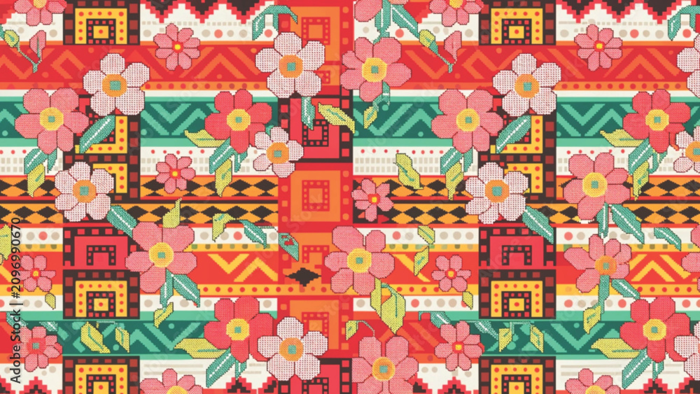 Fototapeta premium Colorful ethnic Thai textile seamless pattern vector background 