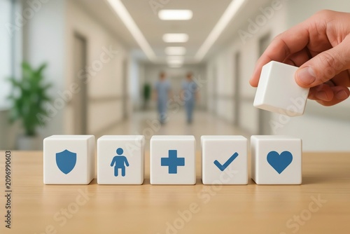Hand placing a wooden block with icons representing healthcare insurance and medical protection concepts in a hospital setting
