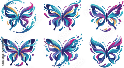 Colorful Abstract Butterfly Logo Collection Featuring Vibrant Gradient Wings Creative Splash Shapes and Modern Brand Identity Vector