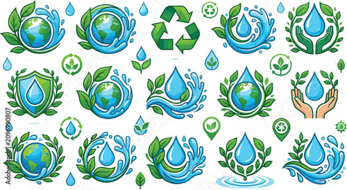 Eco Water Conservation Logo Collection Featuring Earth Leaves Recycling Clean Water Sustainability and Environmental Protection Vector Set
