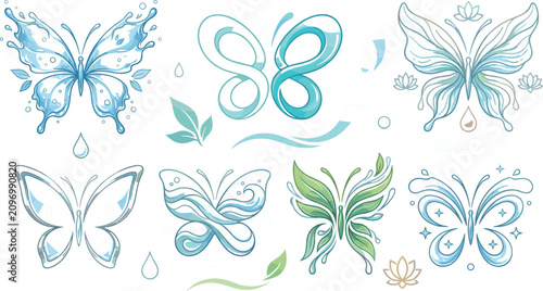 Elegant Butterfly Logo Collection Featuring Water Splash Nature Wings Eco Symbols and Minimal Decorative Vector Design