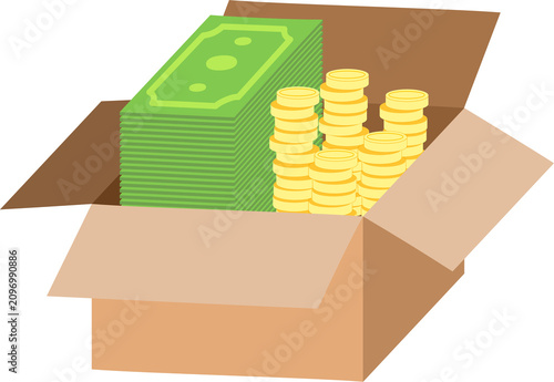 Cuadro en lienzo A cardboard box overflows with stacks of green bills and gold coins inside