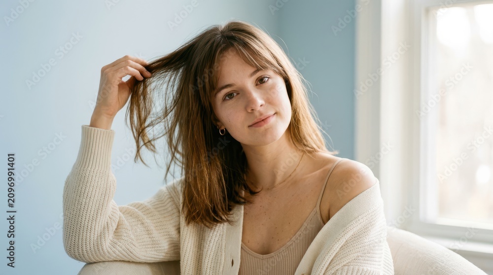 Naklejka premium Portrait of a young woman with brown hair and bangs in a cozy cardigan