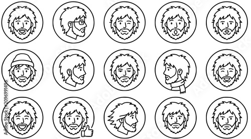 Black and White Line Art Male Faces Avatars Icon Set with Diverse Bearded Men and Various Expressions Outline People Character Portraits Collection.