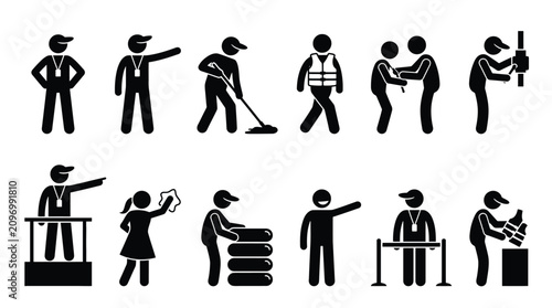 Картината върху платно Set of stick figure icons representing various staff roles, service personnel, a