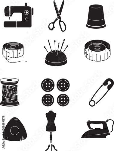 Φωτογραφία Sewing and tailoring icon set, black silhouette dressmaking tools, 12 profession