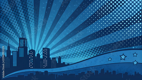 Comic book style cityscape background with blue sunburst rays
