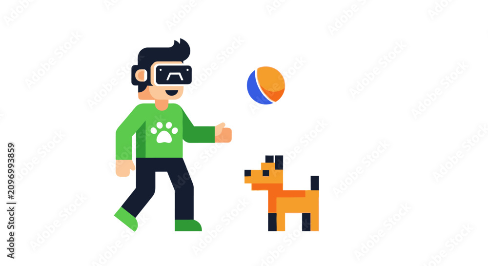 Fototapeta premium Pixel Art Illustration of a Man Wearing VR Headset Playing Fetch with a Virtual Pet Dog and Ball, Metaverse and Digital Gaming Concept