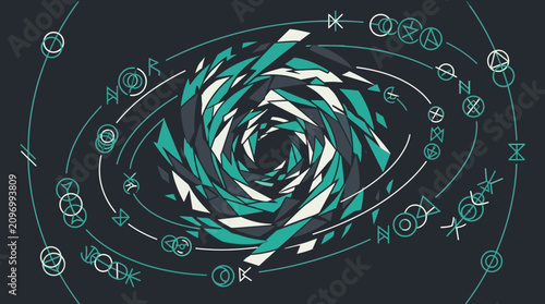 Mystic Cybernetic Vortex with Sacred Geometry and Ancient Rune Symbols Graphic