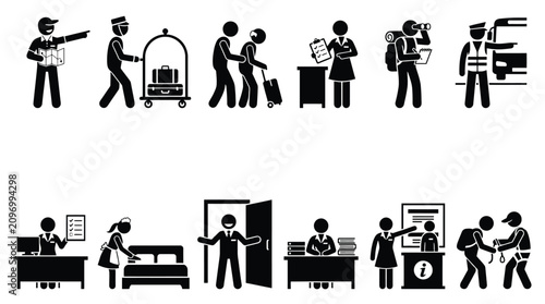 Tableau sur toile Set of hotel staff icons including bellboy, receptionist, housekeeper, concierge