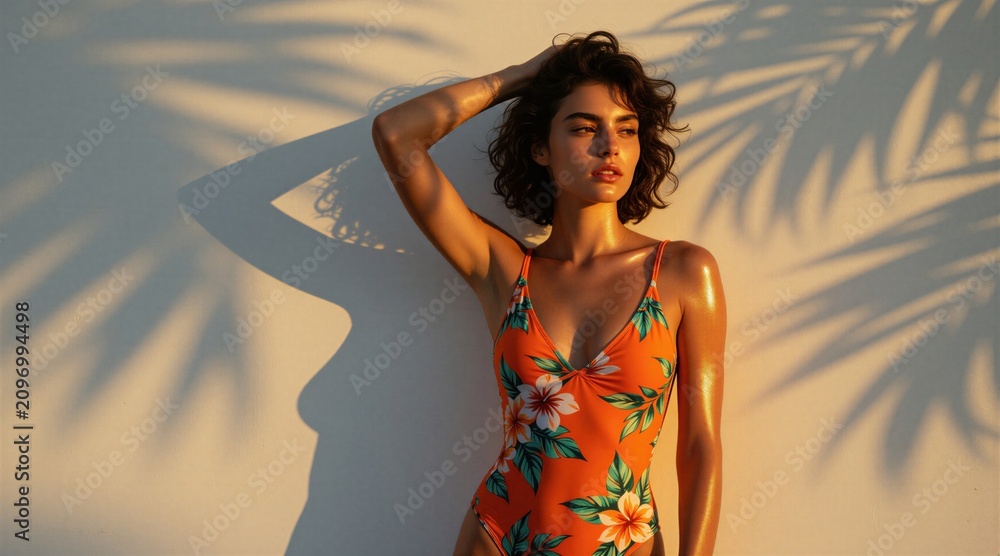 Obraz premium Young woman in colorful floral swimsuit poses against white wall at sunset. Palm tree shadow falls on skin under golden light. Beautiful female model with curly hair enjoys summer tropical vacation