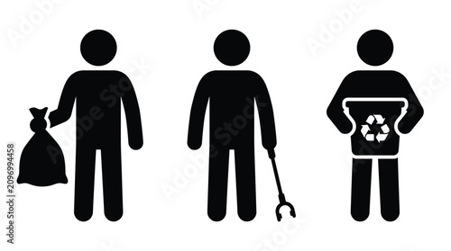Foto Set of vector icons depicting people cleaning up the environment, including a pe