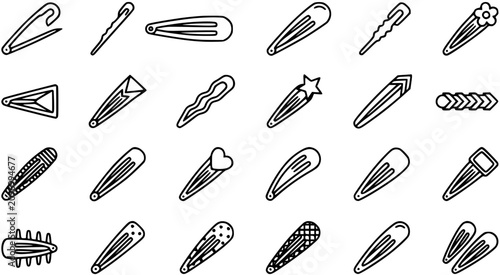 Εκτύπωση καμβά Black and White Line Art Vector of Assorted Hair Clips and Barrettes