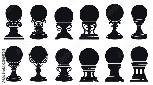Photos Set of crystal balls on ornate stands, magic spheres on decorative pedestals, my