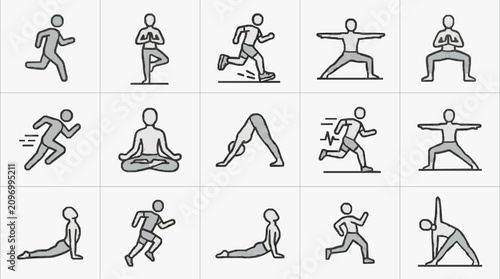 Quadro su tela Dynamic Set of 15 Minimalist Black and White Line Art Exercise Icons Featuring R