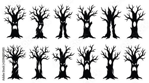 Εκτύπωση καμβά Set of scary halloween trees with spooky faces, silhouettes of dead trees with c