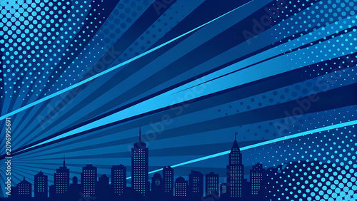 Stylized comic book art background with city skyline, building