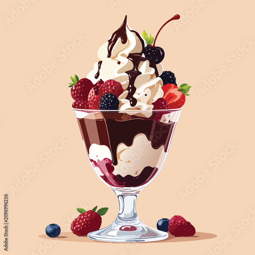 Premium gourmet ice cream sundae topped with fresh berries, whipped cream, and chocolate syrup, realistic dessert presentation