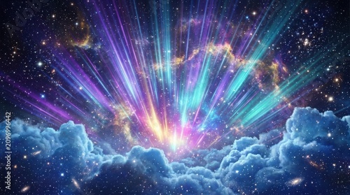 Cosmic burst of vibrant light and nebula clouds in deep space