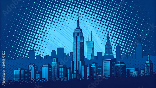 Stylized urban cityscape silhouette on blue halftone background