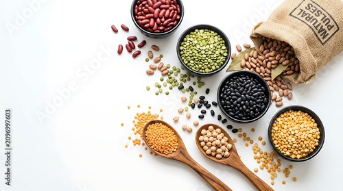 Assorted dry legumes in bowls and burlap sack. Raw pulses and beans for healthy nutrition.