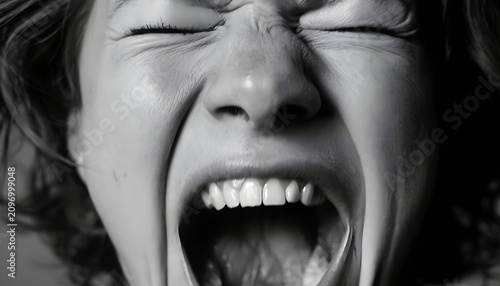 In a stark black and white close-up, the woman is seen screaming with her eyes closed tightly. Her face is contorted, her mouth wide open, and her teeth bared in either anguish or rage.