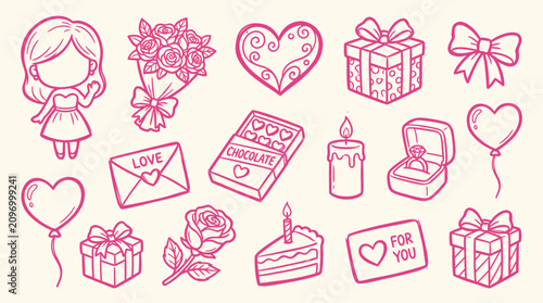 Foto Collection of cute Valentine's Day icons and symbols in pink outline style