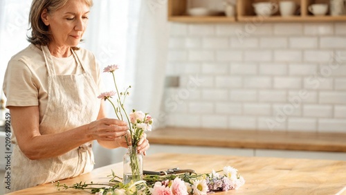 Senior woman arranging fresh flowers in glass vase at kitchen counter enjoying mindful hobby and creative relaxation