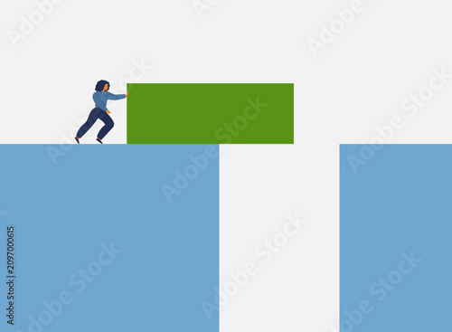 woman pushing a large block to build a bridge across business gap. Risk Management, Solution efficiency concept. Vector illustration