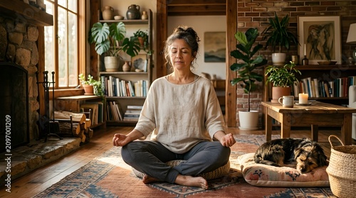 Mature woman meditating in a cozy living room with her dog nearby