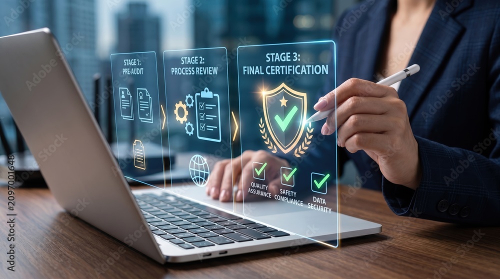 Fototapeta premium Digital certification and audit process stages showing pre-audit, process review, and final certification with quality assurance, safety compliance, and data security checks on ...