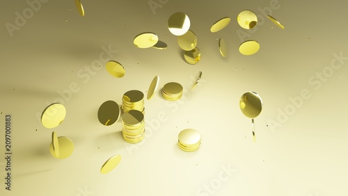 Photography Golden currency pieces tumbling through bright studio space