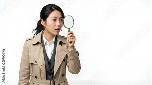 Young Asian Woman Detective Looking Through A Magnifying Glass