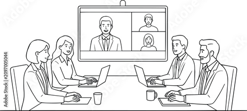 Business people in office meeting room having video conference call with remote team vector line art illustration for presentation.