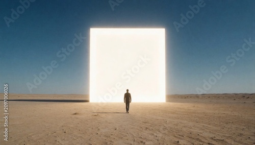Tapety artystyczne A lonely man standing in a vast desert facing a massive glowing white rectangular portal