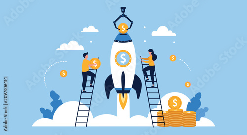 Team of workers using ladders and a crane to load gold coins into a rocket for a financial startup launch into space.