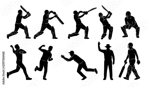 Obraz na płótnie Black silhouette cricket player with bat and protective gear vector set